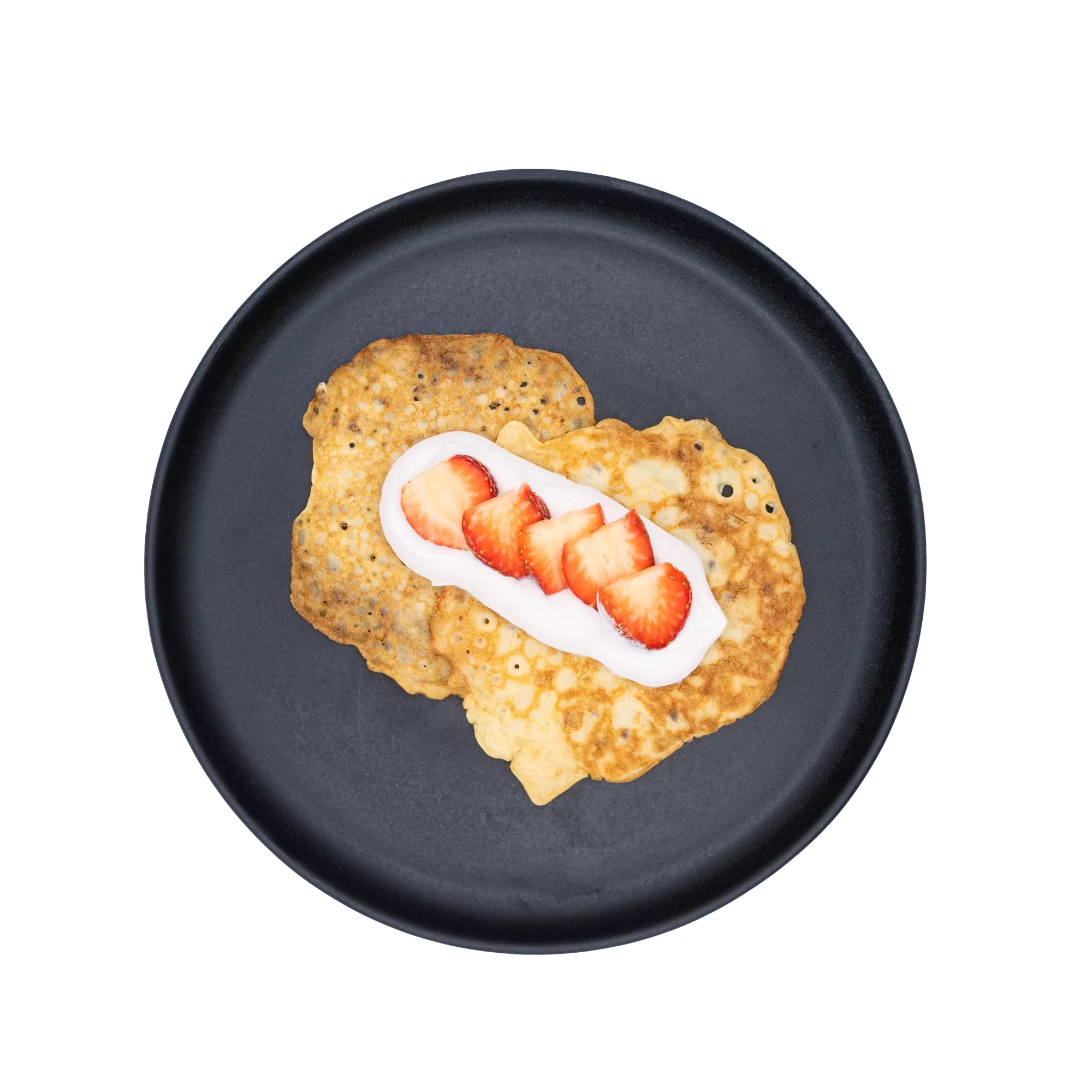 2 pancakes topped with skyr and strawberries