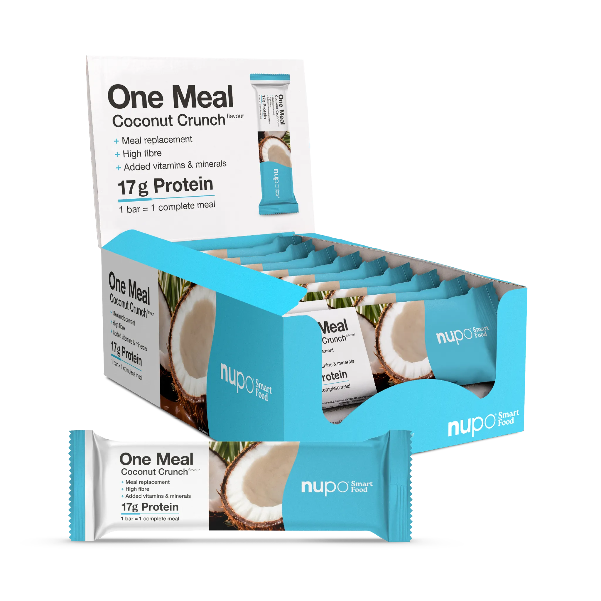 One Meal Coconut Crunch protein bars box with coconut image and nutritional information.