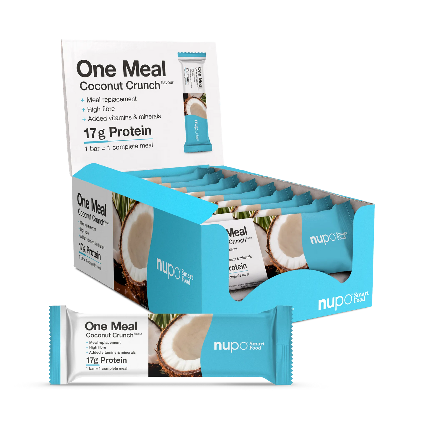 One Meal Coconut Crunch protein bars box with coconut image and nutritional information.