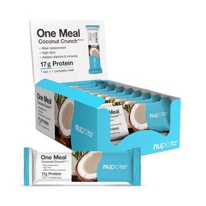 One Meal Coconut Crunch protein bars box with coconut image and nutritional information.