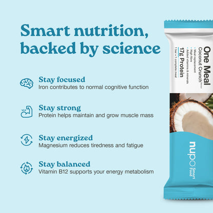 Coconut Crunch protein bar packaging highlighting nutrition benefits, including focus, strength, energy, and balance.